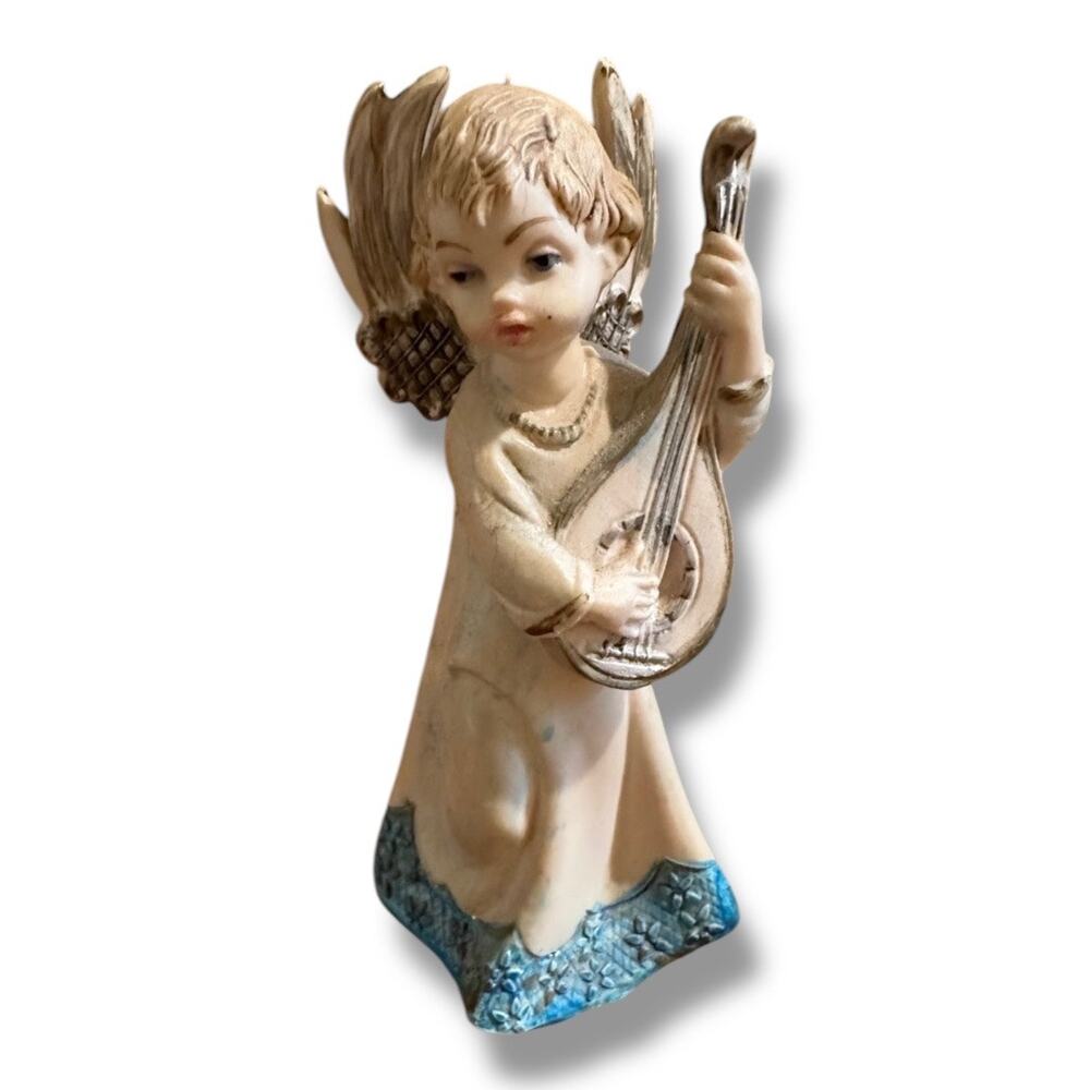 Vintage Hand Painted Resin Angel Playing Mandolin Figurine